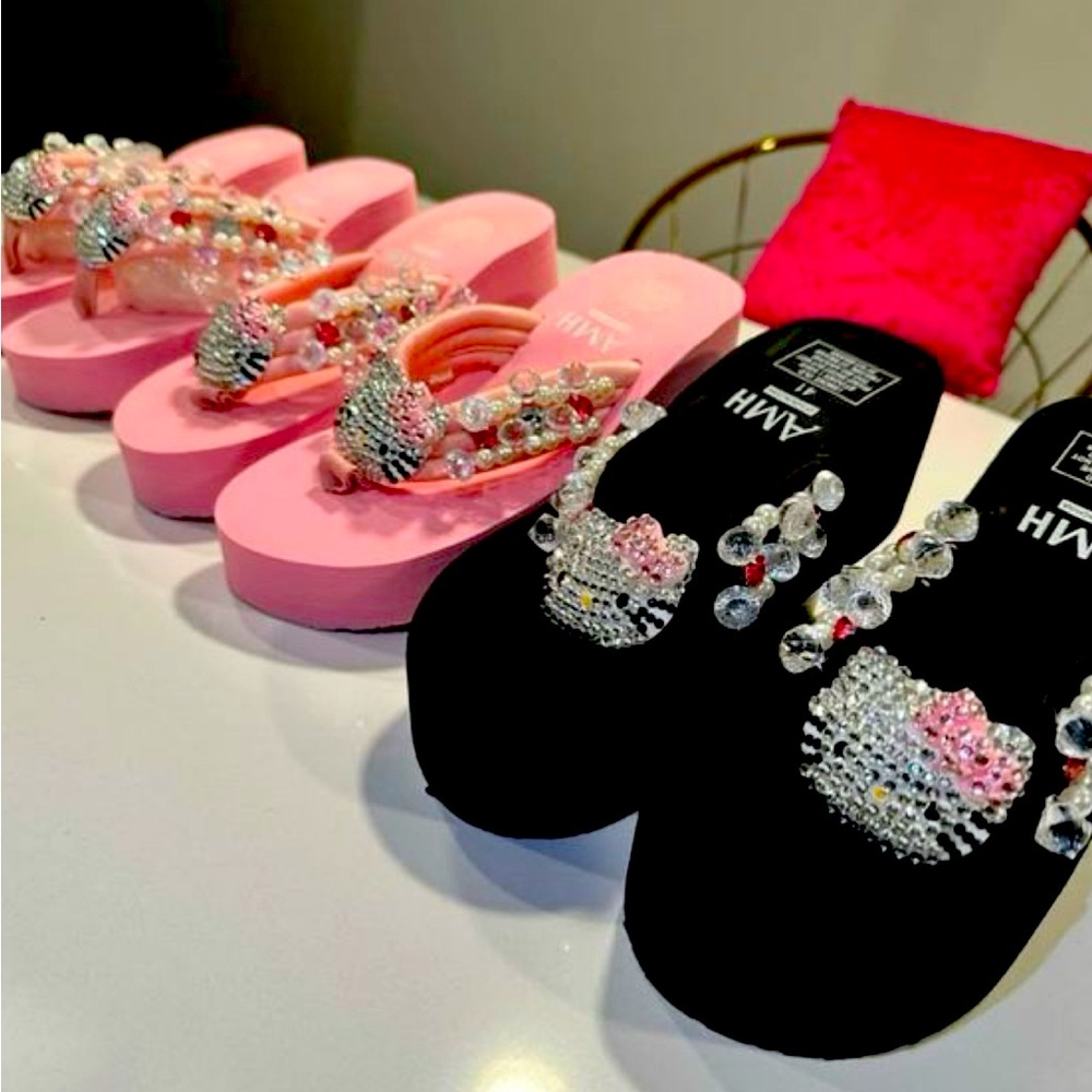 Pink and Black Rhinestone Embellished Sandals